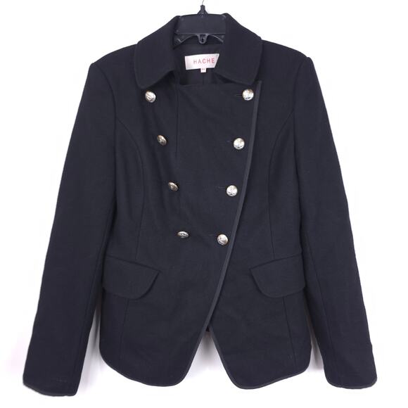 Italian Designer Hache Black 100% Virgin Wool Double Breasted Coat, Size EU 44 - Picture 2 of 8